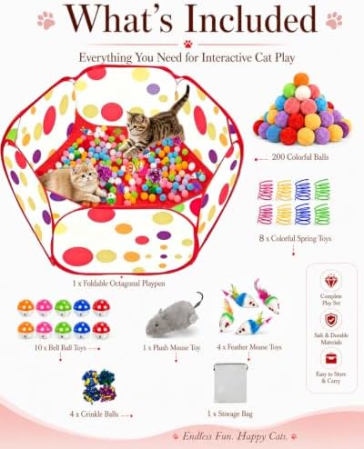 Cat Ball Pit with 227 Pcs Interactive Cat Toys, Enrichment Toys for Bored Indoor Cats Self Play, Include Pom Pom Balls Jingle and Crinkle Balls, Springs and Mice Toy for Kitten Fun and Exercise