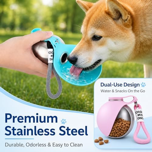 2 in 1 Portable Tumbler for Dogs, Portable Dog Water Ball, 10oz Stainless Steel Pet Water Dispenser with Silicone Foldable Bowl, Leak Proof, Portable Small Dog Water Bottle for Walking, Hiking(Pink)