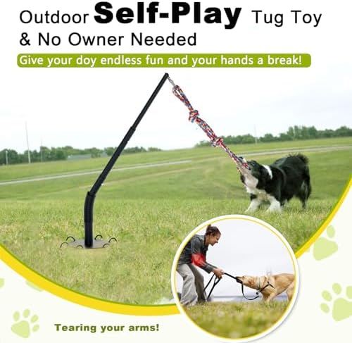 Outdoor Tug of War Dog Toy, Tether Interactive Dog Tug Toy Backyard Heavy-Duty Dog Solo Play Exercise Toy for Large Medium Dogs, Height Adjustable, 2 Rope Toys