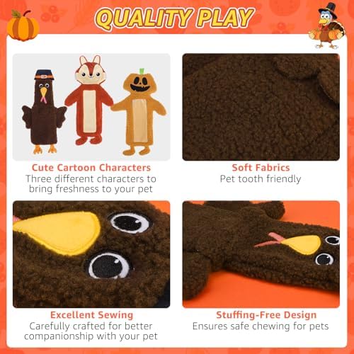 SCENEREAL Halloween Thanksgiving Stuffless Dog Squeaky Toys - 3 Pack Interactive Puppy Crinkle Plush Chew Toys for Small Medium Large Dogs Boys Girls