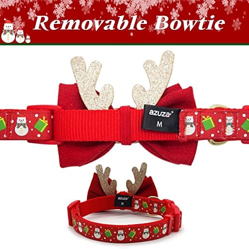 azuza Christmas Dog Collar Adjustable Xmas Dog Collars with Christmas Antler Bow tie Accessories Snowman Dog Collar for Medium Dogs