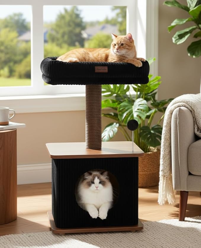 Small Cat Tree for Indoor Kittens, 30" Compact Modern Cat Tower | Natural Bamboo Cozy Condo, Soft Padded Perch, Sisal Scratching Post, Dangling Ball Toy, Stable Base, for Cats up to 15 lbs