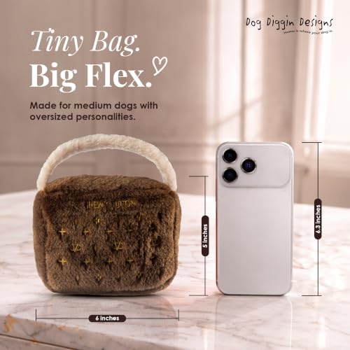 Dog Diggin Designs Chewy Vuiton Plush Dog Toy Purse | Luxury-Inspired Parody Designer Handbag with Squeaker, Soft Plush Fashion Dog Toy – Haute Couture Purses & Handbags