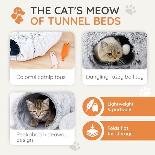3-in-1 Cat Tunnel Bed – Cat Tunnels & Cat Beds for Indoor Cats with Catnip Toys – Cat Bed Cave & Peekaboo Cat Hideaway – Foldable Interactive Cat, Kitty & Kitten Toys