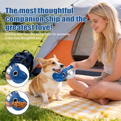 Portable Dog Water Bottle 10oz Stainless Steel Travel Dog Water Dispenser with Bowl No-Spill Puppy Water Bottle for Walking Hiking Small Dog Water Bottle (Sapphire Blue)