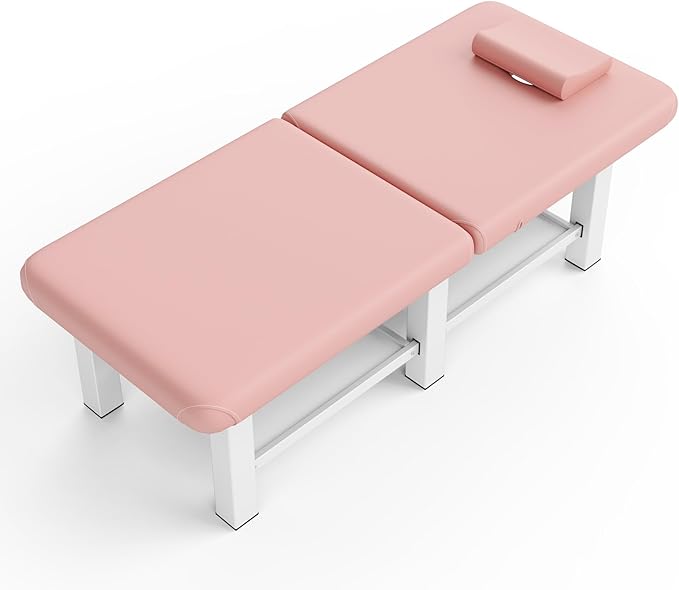 pouseayar Stationary Massage Table Folding Bed with Backrest for Treatment Table Physical Therapy Table Spa Facial Bed, Metal Frame PU Leather, 30.5'' Wide × 75'' Long - Pink