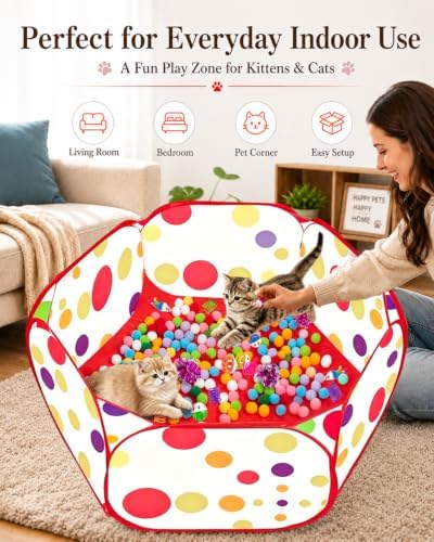 Cat Ball Pit with 227 Pcs Interactive Cat Toys, Enrichment Toys for Bored Indoor Cats Self Play, Include Pom Pom Balls Jingle and Crinkle Balls, Springs and Mice Toy for Kitten Fun and Exercise