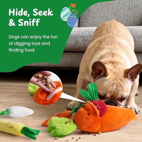 Nocciola Carrot Dog Toys – Easter Squeaky Toys-in-Toys: 5 Small Carrots Inside a Large Plush Carrot with Squeaker & Crinkle Sounds for Small, Medium, Large Breeds, Spring Pet Gifts