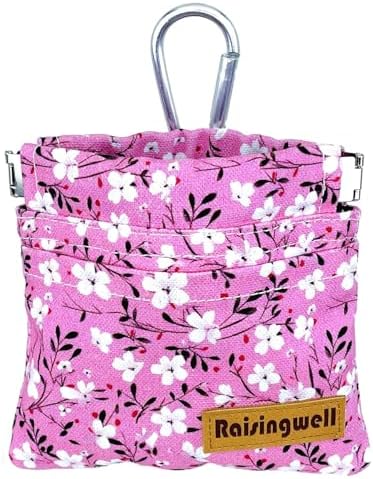 Raisingwell Dog Treat Pouch, Small Cotton Pocket Sized Training Holder, Hand Free Walking Fanny Bag with Carabiner, Self-Closing Pet Feed Snack Reward, Behavior Aids for Puppy Travel or Outdoor Use