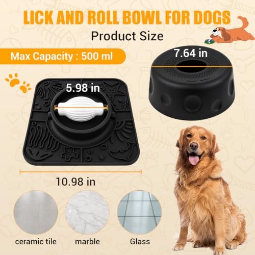 Slow Feeder Dog Bowl with Rolling Ball, 2 in 1 Dog Lick Bowl with Mat