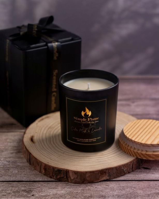 Cedar Musk & Lavender Luxurious Scented Jar Candle | 13 oz - 3.8-Inch height | 100% Natural Soy Wax | Aromatherapy | 35-40 Hours Burn Time | Non-toxic | Essential Oils Candle | Black Jar | Handcrafted