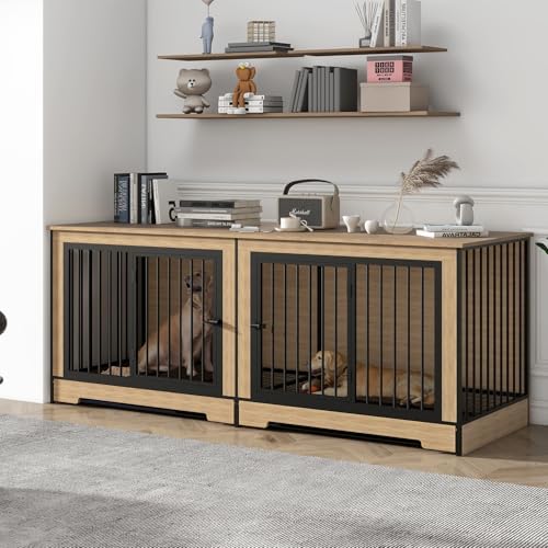 Double XL Dog Crate Furniture, Natural Wooden pet Kennel Cabinet with 4 Doors, Dog cage Furniture and Wood tv Stand with Dog Storage (75inch Natural)