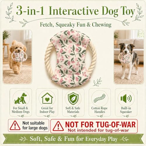 Dog Frisbees Cotton Rope Toys Flying Discs, Teething, Soft Polyester Squeaker Toy for Training,Throwing and Interacting for Anti Boredom & Anxiety, Easy to Clean (Pink)