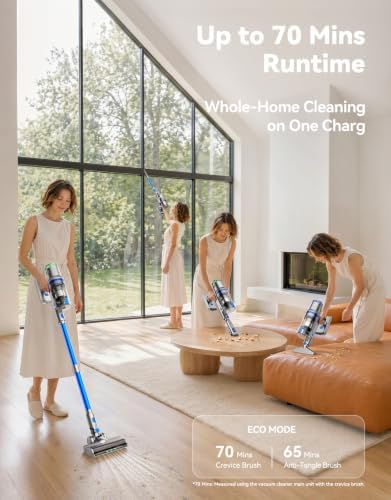 Cordless Vacuum Cleaner, 350AW/70Min Vacuum Cleaners for Home, Stick Vacuum | Auto Mode, Wall Mount Charging, LED Touchscreen, Anti-Tangle Brush, Self-Standing Vacumm Cleaner for Pet Hair/Carpets/Floors