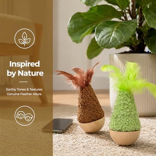 Wooden Wobble Cat Toy for Indoor Kitten, Interactive Tumbler Cat Toy for Small Medium Cats (Brown)