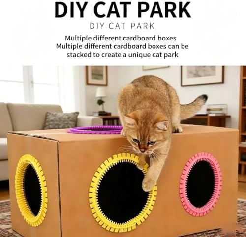 3-Pack Cat Self Groomer for Cardboard Box, Scratch Brushes with Box, Interactive Cat Arch Self Groomer with Scratching Pad, DIY Grooming Brush Ring, Hideouts & Enrichment Play (Purple Pink Yellow)