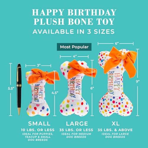Haute Diggity Dog Happy Birthday Bone Plush Dog Toy, Funny Stuffed Dog Toy