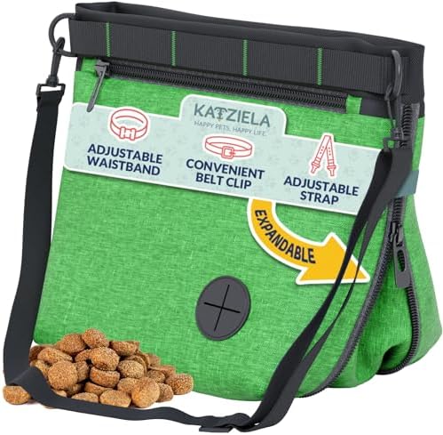 Katziela Expandable Pet Treat Pouch - Hands Free Dog Treat Pouch, Quick Access Magnet Closure - Anti Spill Dog Treat Bag - Treat Pouches for Pet Training, Adjustable Shoulder Strap & Belt Clip (Green)