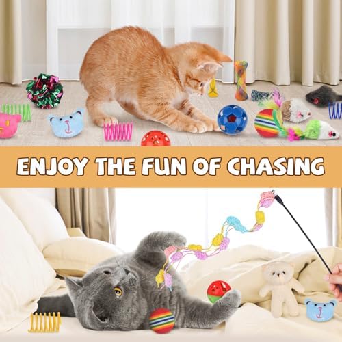 QUOZUO 30 Pcs Cat Toy Kitten Toys Set, Interactive Cat Toy Wand Cat Springs Ball Toy with Bells, Cat Toys for Bored Indoor Cats, Gift Box Styles