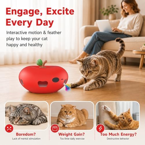 Cat Toys, Rechargeable Interactive Kitten Toys, Smart Sensor Automatic Feather Toy with 6 Random Holes, Quiet USB Powered Pop-Up Kitten Toy Simulates Hunting for Indoor Cats, Red