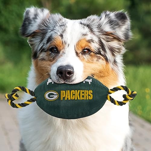 Pets First NFL Green Bay Packers Football Dog Toy, Tough Quality Nylon Materials, Strong Pull Ropes, Inner Squeaker, NFL Team Color