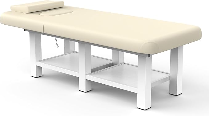 pouseayar 31.5'' Wide × 75'' Long Stationary Massage Table with Backrest and Storage Space for Treatment Table Physical Therapy Table Spa Facial Bed, 6 Square Legs Metal Frame PU Leather - Beige Gray