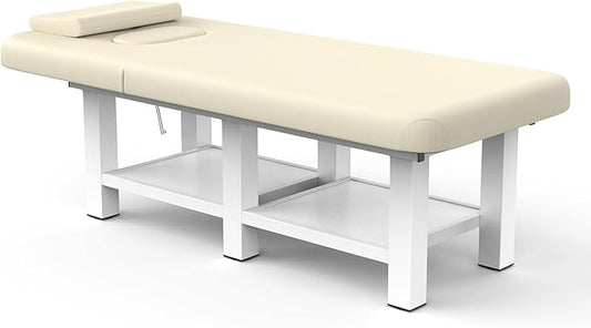 pouseayar 31.5'' Wide × 75'' Long Stationary Massage Table with Backrest and Storage Space for Treatment Table Physical Therapy Table Spa Facial Bed, 6 Square Legs Metal Frame PU Leather - Beige Gray