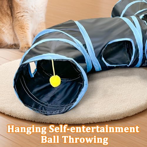 4-Way Large Cat Tunnel, H Shape Cat Tube Toy with Interactive Playing Balls, Peek Hole for Indoor Cats, Kitten, Kitty, Puppy, Rabbit (Black)