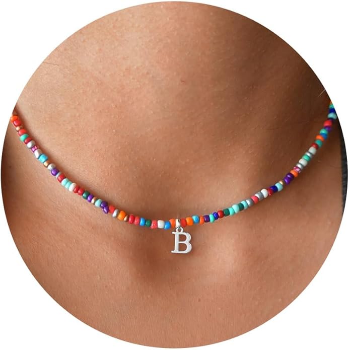 Yoosteel Christmas Gifts for Teen Girls Grandkids - Colorful Beaded Initial Necklace for Girls Jewelry A-Z Letter Choker Necklace Birthday Gifts Stocking Stuffers for Teenage Girl Women Gifts