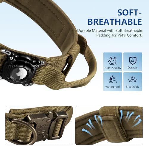 Upgraded AirTag Dog Collar, IP68 Waterproof Air Tag Dog Collar Holder, Ultra-Durable, Comfortable Padded, Heavy Duty Dog Collars for Medium Large Dogs with Smart ID tag(Khaki,XL)