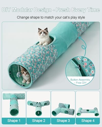 Cat Tunnel, 3 Straight Shaped Tunnels 6 DIY Shapes with Wand Toys, No Noise Scratch Resistant Cool Linen Fabric, Interactive Pet Tunnel Tube for Indoor Cats, Puppy and Rabbits