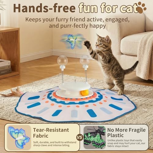 MOHAYA Interactive Cat Toy 5-in-1, Smart Automatic Cat Toys for Bored Indoor Cats, Motion & Sound Activated Toy with Fluttering Butterfly, Moving Feather, Track Balls & Slow Feeder Treat Dispenser