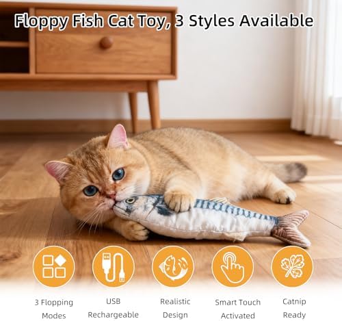 Flopping Fish Cat Toy, Interactive Moving Plush Cat Kicker Toy with Catnip Pocket, USB Rechargeable Automatic Wiggle Mackerel Toy for Indoor Kitten & Small Dogs, Single Mackerel（11.02Inch）