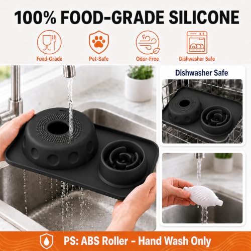 2-in-1 Slow Feeder Dog Bowl with Licking Rolling Ball, Leak-Proof One-Piece Dog Lick Bowl for Kibble and Liquid Treats, Anti-Choking Oval Ball Enrichment Toy for Boredom Anxiety Relief