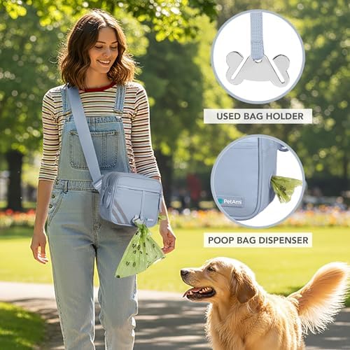 PetAmi Dog Walking Bag, 3-in-1 Crossbody Fanny Pack Treat Pouch, Light Blue
