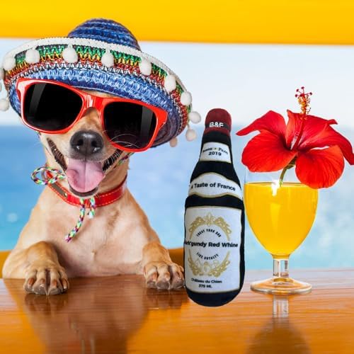 Bonne et Filou Wine Bottle Plush Squeaky Dog Toy (Bark'gundy Red Whine) Interactive Puppy Chew Toys for Aggressive Chewers Dog Toys for Small and Medium Dogs (1 Large Size)