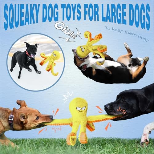 LEGEND SANDY Tough Dog Toys, Squeaky Large Dog Toy, Stuffed Puppy Chew Toys | Soft Fabric, Interactive Daily Companionship, Tug of War Doggie Toy, Training Reward, Crinkle Yellow Octopus