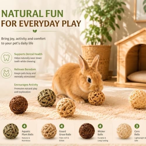 Skylety 15 Pcs Bunny Chew Balls Grass Toys for Rabbit Guinea Pig Hamster