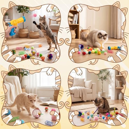 Leitee 100 Pcs Cat Toys Variety Pack with 1 Gift Storage Bag, Interactive Cat Play Assortment Set for Indoor Kitten, Colorful Springs, Mouse Toys, Chew Ropes, Balls, Bells & Sisal Ball(Ball Toy)