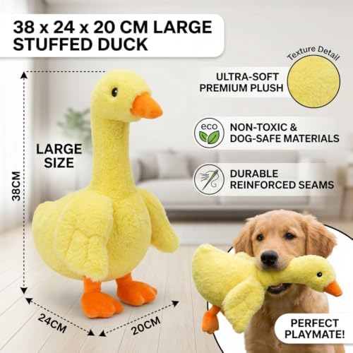 Funny 15" Yellow Quacky Squeaky Plush Duck Dog Toy, Anxiety Relief, Companion Toy for Small Medium Large Dogs
