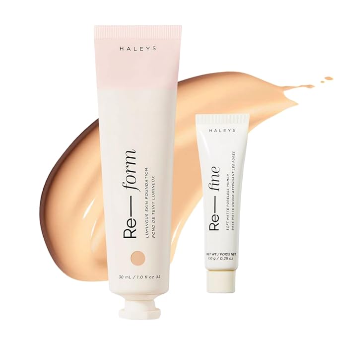 HALEYS Re-form Luminous Skin Foundation+Re-fine Primer 0.25oz, VEGAN, Blurs, Conceals, Blendable, Buildable Med-Full Coverage, Weightless, Oil-free, All-Day Wear, Hyaluronic Acid, All skin types(3.25)