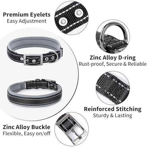 Segarty Reflective Dog Collar for Large Dogs, Adjustable Wide Soft Comfortable Breathable Neoprene Padded Nylon Collar with Heavy Duty Metal Buckle for Large Medium Breeds (L, Black)