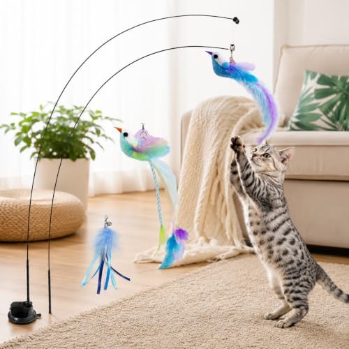 Interactive Cat Wand Toys, 2 Wands with 3 Feather Refills for Indoor Cats
