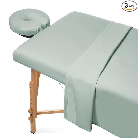Saloniture 3-Piece Microfiber Massage Table Sheet Set - Premium Facial Bed Cover - Includes Flat and Fitted Sheets with Face Cradle Cover - Seafoam Green