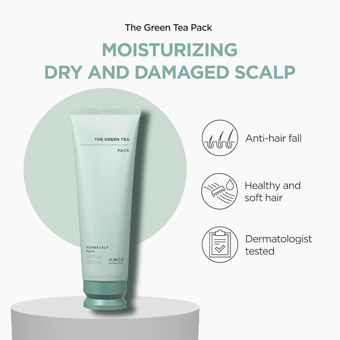 AMOS PROFESSIONAL The Green Tea Moisturizing Pack, Hair & Scalp Treatment for Thinning Hair, Korean Hair Mask, Strengthening Hair, All Hair Types, 8.4 fl. oz.