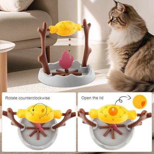 Cat Slow Feeder Puzzle Toy, Rotatable Campfire Roast & Flame Interactive Treat Dispenser for Indoor Cats, Dry Food/Treat Dispensing Enrichment Toy for Mental Stimulation and Slow Eating