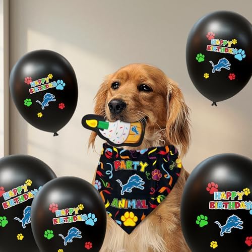 NFL Detroit Lions Dog Birthday Party Set 8pcs with 1 Football Bandana Large/X-Large, 1 Birthday Cake Toy & 6 B-Day Balloons, Dog Birthday Set, Costume, Fun Doggie Party Accesories