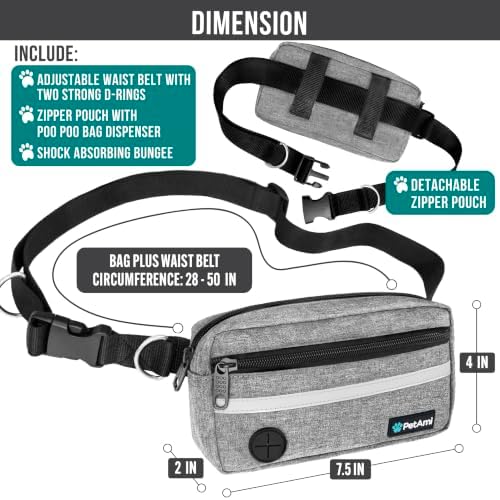 PetAmi Hands Free Dog Leash Waist Belt Bag Fanny Pack, Single, Heather Grey