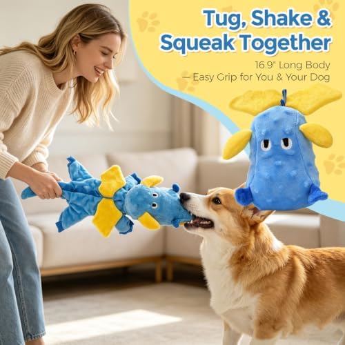 Multi-Squeaker Plush Dinosaur Dog Toy, 6 Squeakers and Crinkle Texture, Soft Interactive Toy for Fetch, Carrying and Cuddling, Blue, Medium