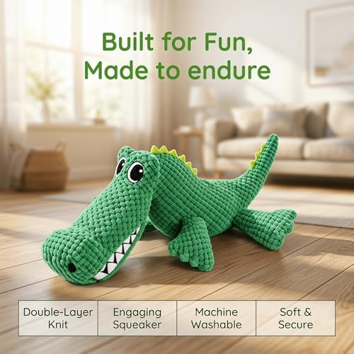 EMMA COLE Plush Chew Toys for Large Dogs, Interactive Plush Toy with Crinkle & Tug of War Tail for Small Medium Large Dogs, Keep Them Busy, Big Pet Toys (Crocodile)